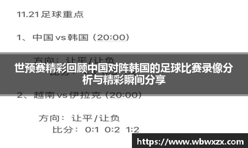 世预赛精彩回顾中国对阵韩国的足球比赛录像分析与精彩瞬间分享